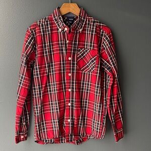 BASIC EDITIONS boys buttondown shirt Red and Black Plaid size large 10/12